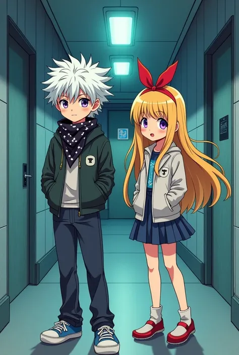 A manga cover,  1st A white-haired boy, ,com bandana preta e olhos lilás wearing school uniform, wearing pants 2nd on your side a girl with long blonde hair,  , a red bow on the head , the same height as the boy , wearing school uniform , they are both par...