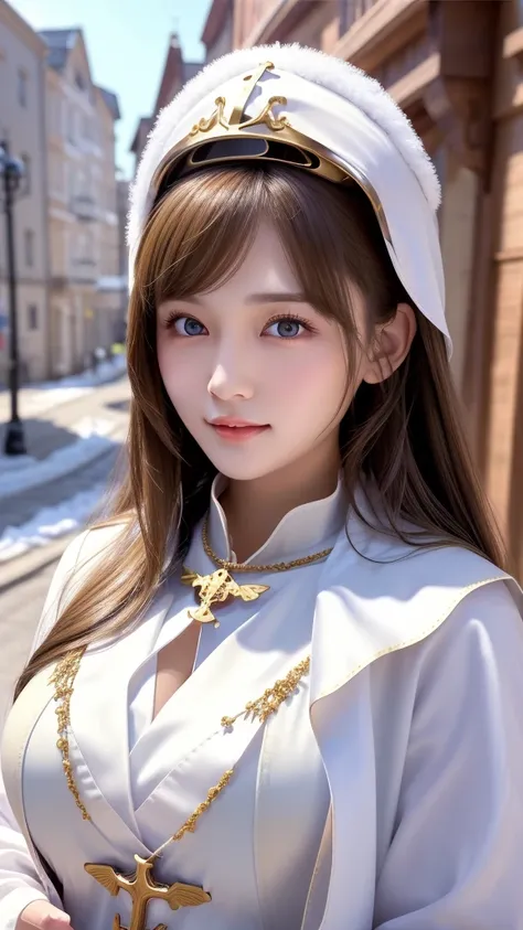 perfect figure beautiful girl:1.4, 17years old, cleavage, huge breast Layered Hair Style, (Cleric:1.5), Jewelry Decoration, Highly Detailed Face and Skin Textur, double-edged eyelid, Whiten the skin, long hair,  (background snow plains), diamond dust,