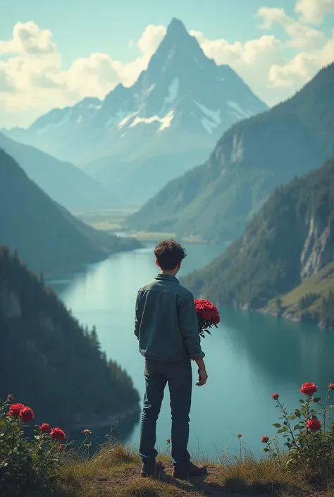 A boy who breaks up with his girlfriend has roses in his bag and is standing on the bank of the river and top of mountain 