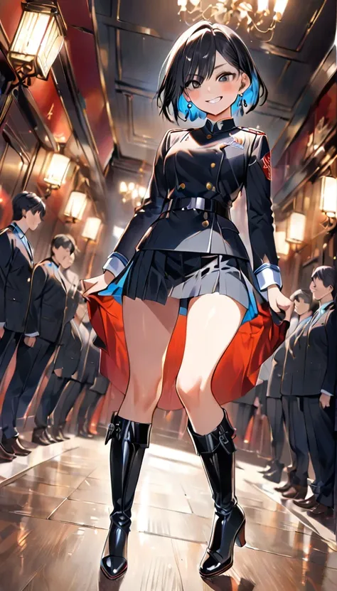 woman,M-shaped legs, Standing on tiptoes,Grin,Black Hair,Hair has a light blue inner color,Short Hair,Silver earrings,Black Eyes,Lifted eye corners,uniform,Long boots,Low heels,Angle from the front,Focus on the sole