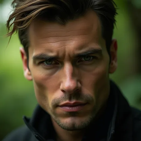 A close-up of a man with sharp facial features, his hair styled neatly, and a calm, focused expression. The natural backdrop is a blurred green forest, with soft light illuminating his face, capturing his intense, direct gaze at the camera.