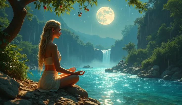 Meditation with God to attract wealth, next to the sparkling river and under the water full of jewels is showing. And jewels on trees also like fruits comes from tree . with jeweled fruits style all around the river and the small fallwater. A girl with lon...