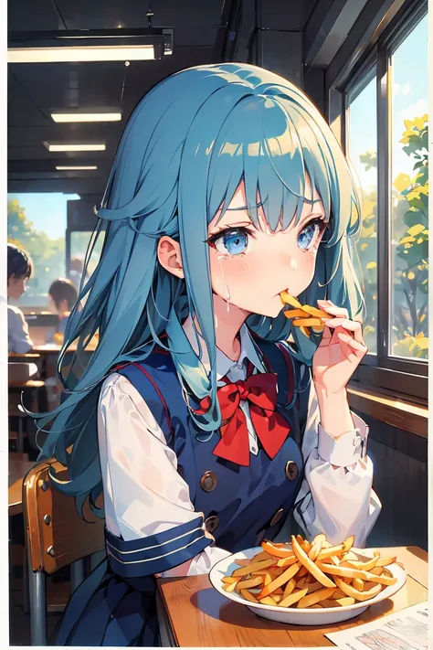 (((beautiful detailed)))(cute face:1.2)1girl, a girl stuffing her face with french fries, girl crying while eating a pile of fre...