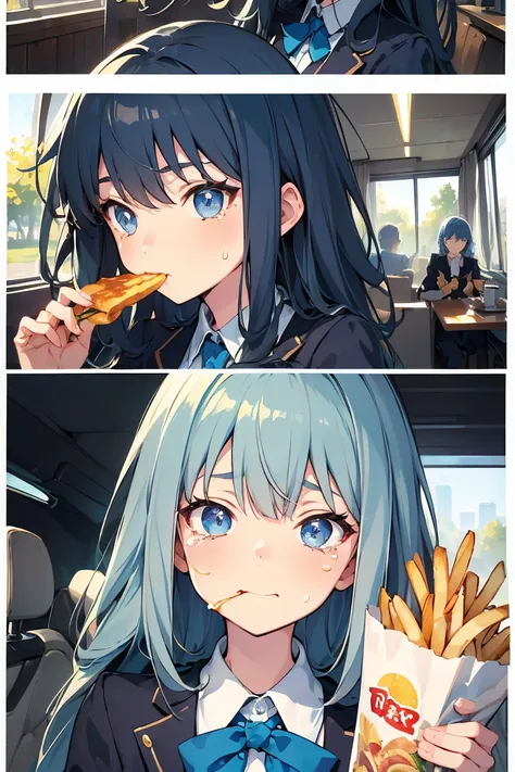 (((beautiful detailed)))(cute face:1.2)1girl, A girl stuffing her face with french fries, Girl crying while eating a pile of french fries, Inside a 2000s-style diner, 1950s-style interior, light Navy blue hair, blue eyes, A short-sleeved white shirt with f...