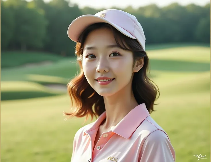 (Real, Highest quality, High resolution :1.3), One girl with a perfect body, Very beautiful face and eyes, Korean Beauty, Long hair with a perm, (Wearing a orange checked golf shirts), checks pattern print golf skirts, sun visor, getting golf putter, Strik...