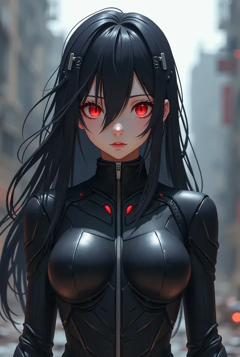 Japanese anime girl with long black hair and 
 red eyes wearing a protective suit