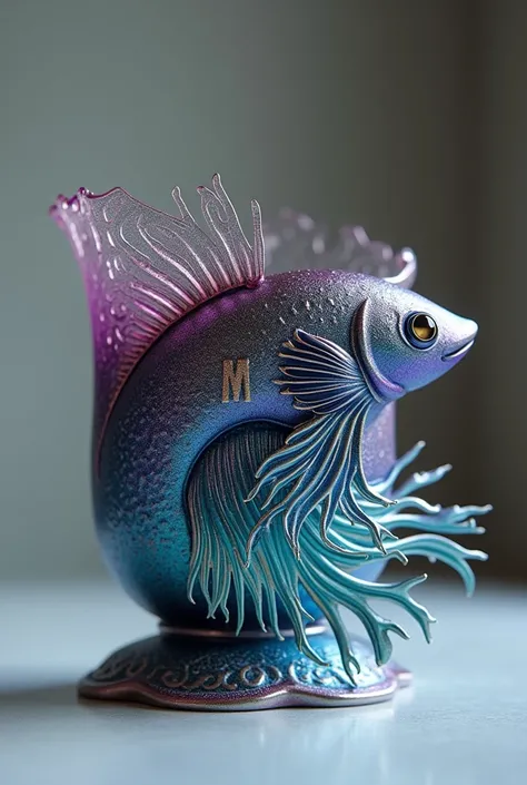 A Cup in the shape of a betta fish, luxurious colors, and the letter M.