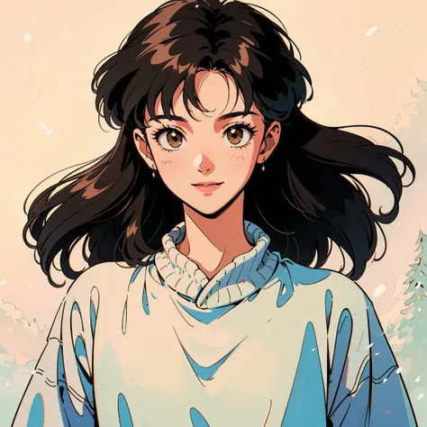 Best image quality, 1980s-style animation, 20-2, Black Hair, Semi-long hair, Light brown eyes, Snow-white skin, Wear a loose sweatshirt, White background,  whole body , Pose, Smiling loudly, Very beautiful, Sexy Face, whole body