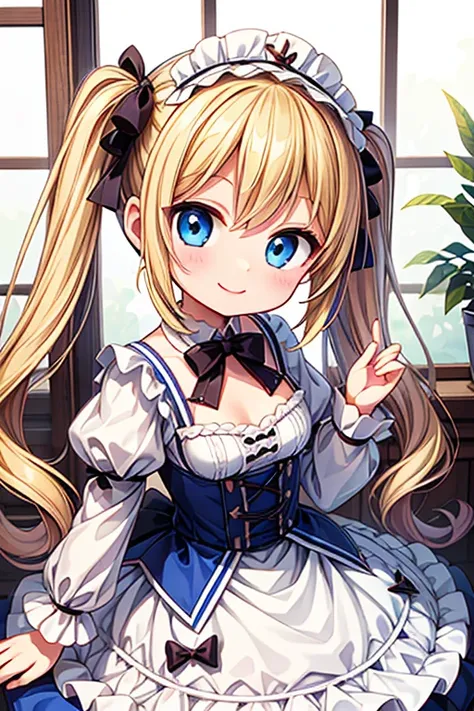 A happy smile,make sweets gateau chocolat,Delicious sweets,Highest quality,Blonde with blue eyes、Lolita、Small breasts、Twin tails、girl&#39;enjoy,smile,bonnet,