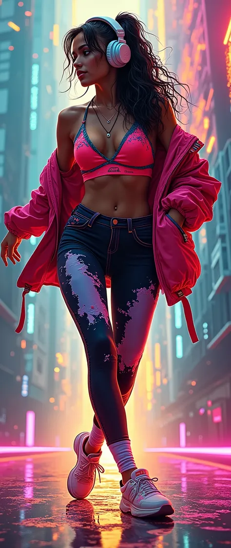 (masterpiece:1.2),(Highest quality),(Super detailed),(Ultra-high resolution),(Best illustrations),8k,wallpaper,,(1 female:2.0),(dancer:2.0),(Dancing happily:2.0),(jacket:2.0),(Sports Bra:2.0),(leggings:2.0),(headphone:2.0),(Super sexy:2.0),(Super cool:2.0)...