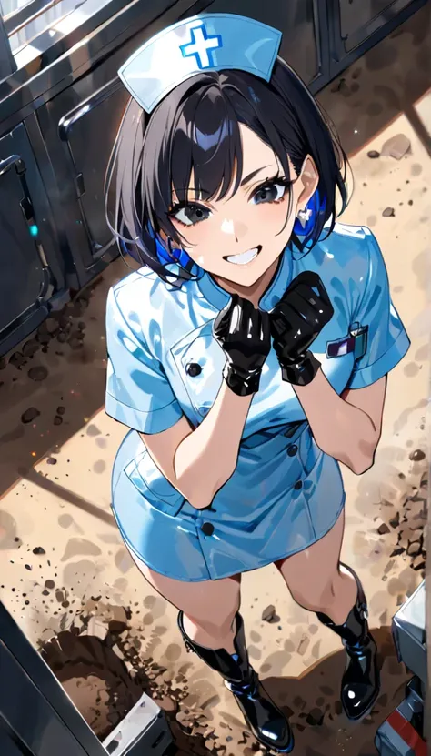 A woman is standing,Dirt on shoes,Grin,Black Hair,Hair has a light blue inner color,Short Hair,Silver earrings,Black Eyes,Patent leather gloves,Lifted eye corners,Nurse uniform,boots,Very high angle,Looking down from above