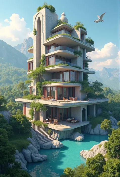 A nature-friendly building that focuses on the view of the beautiful natural scenery behind it., Award-winning architectural design, A building of overwhelming grandeur, spring, (Best quality, masterpiece:1.4), (realism:1.2), (surrealism:1.2), (absurdity:1...