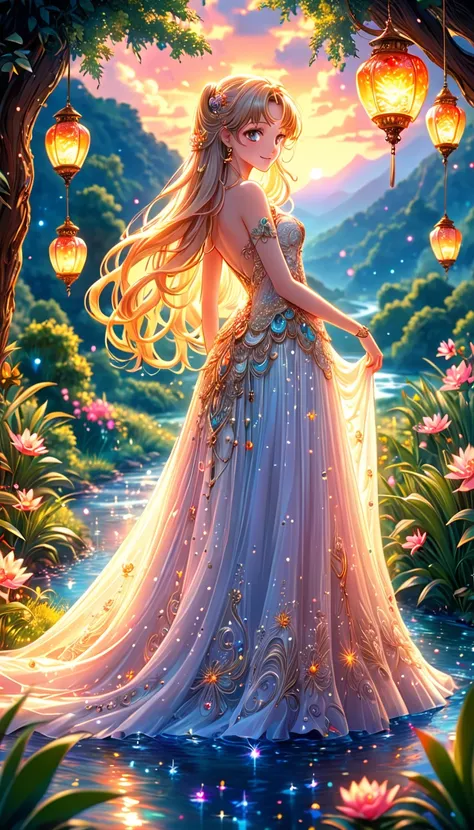 SAILORMOON Girl Beauty, ideal anatomy, Bright,  She is wearing a flowing, transparent light WHITE GOLD embroidery gown that looks like its made of delicate glass or crystal, adorned with intricate floral patterns and luminous beads and flying lantern that ...