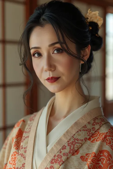 A mature woman in a beautiful kimono, shoulder-length hair elegantly tied, gently touching her collar, the world of ukiyo-e, Edo period Japan, (best quality,4k,8k,highres,masterpiece:1.2),ultra-detailed,(realistic,photorealistic,photo-realistic:1.37),extre...