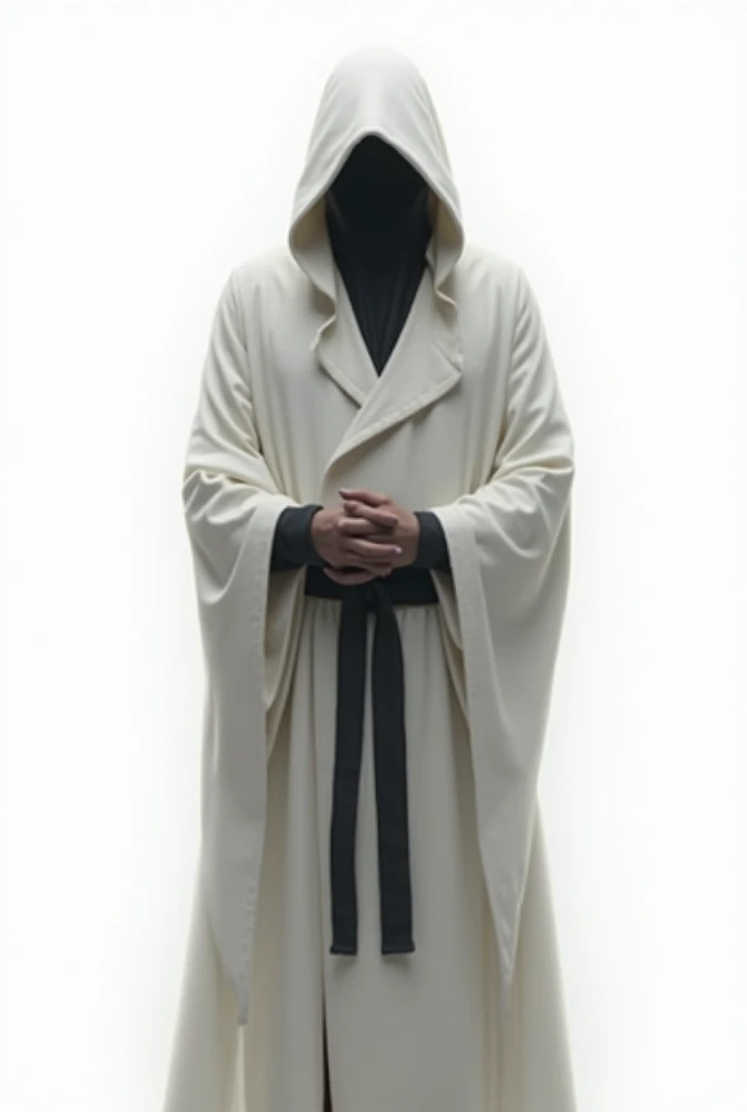 The Background is transparent. A man wearing a white hooded robe and a black belt, Ele tem pele clara, his face is hidden by the hood. he is facing forward and centered. 