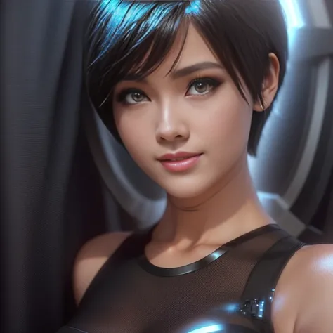 there is a woman with a short hair and a black top, realistic anime 3 d style, photorealistic anime girl render, smooth anime cg art, 3 d anime realistic, 3d anime girl, beautiful female android!, beautiful digital artwork, perfect android girl, anime styl...