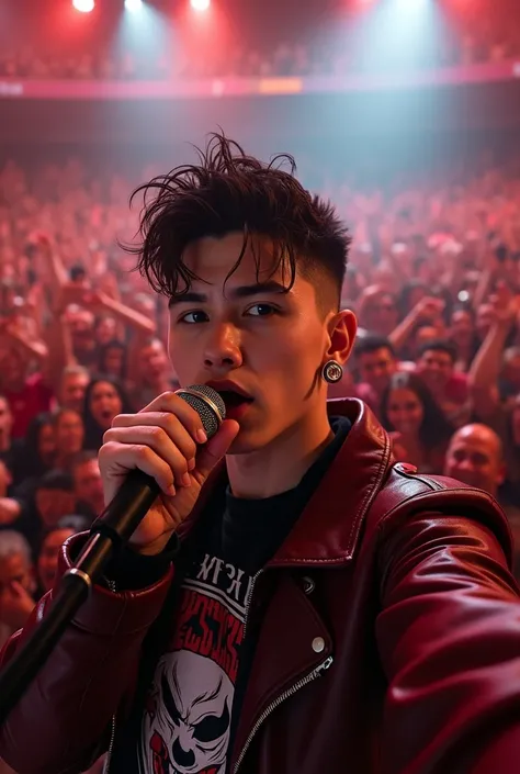 popstar takes a selfie, sold out stadium concert, rock concert, night, pov to the crowd, crowd jubelt ihm hintergrund, weisser dünner American male 20 jahre alt mit mittellangen schwarzen haaren , wears a black shirt with a horror comic figure print and a ...