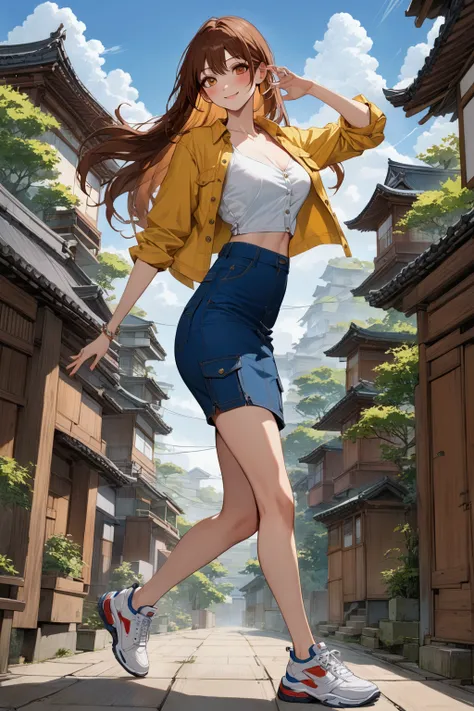 pretty woman dancing with smiling, she has long brown straight hair (red streaked hair), wearing yellow unbuttoned top shirt stacked over, white undershirt, bright-blue denim cargo pencil skirt, white sneakers, ((masterpiece:1.2), (best quality:1.2), (very...