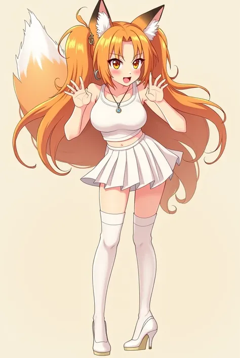 Teen, Braid, Bangs, Parted Bangs, Orange Hair, Absurdly Large breasts, Fox Ears, Fox Tail, Hoop Earrings, Blush, Smile, Parted Lips, Teeth, Makeup, Bending Over, White Crop Top, Pleated White Mini Skirt, Stockings, White High Heels, Neclace, Anatomically C...