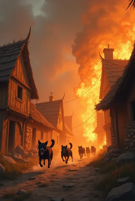 Imagine une vue denssemble dun village médiéval rustique ravagé par les flammes. Des chiens courent a vive allure et semble traînée une boule de feux 