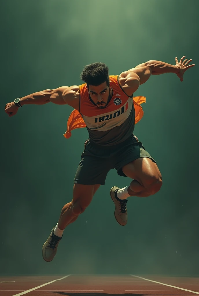 A 1 anime men doing long jump with Indian jersey in the air in olive green shadow at the background. Realistic 