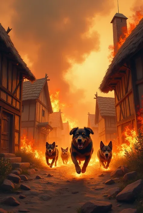 Imagine une vue denssemble dun village médiéval rustique ravagé par les flammes. Des chiens courent a vive allure et semble traînée une boule de feux 