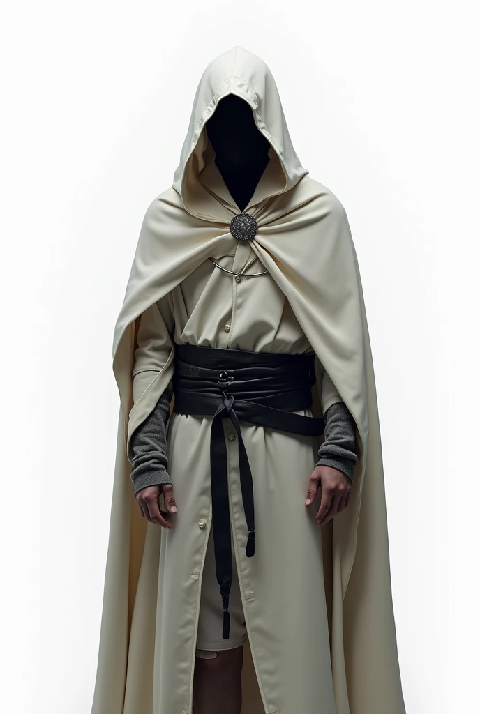 The Background is transparent. The century is XVI. A slightly hunchbacked man wearing a white hooded robe and a black leather belt, Ele tem pele clara, his face is hidden by the hood. He is a killer 