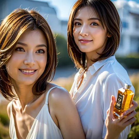 (Realistic, 超Realistic:1.4), 16K HDR, High resolution,((Whiskey Glass)),((Whiskey Bottle)),((Whiskey Glass)),Happy Smile、Short Hair,The best smile、Japanese Actress,so beautiful(It looks like the real thing),Evening Dresses,Cocktail Dresses、Whiskey Bottle、T...