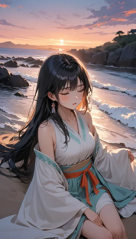 Ghibli-style night beach。Under the sky with a purple and orange gradient、The torii gate floats on the gentle waves.。A pleasant breeze blows、With the sound of gentle waves echoing、A shrine maiden is sitting on the beach。She is wearing an outfit that shows a...