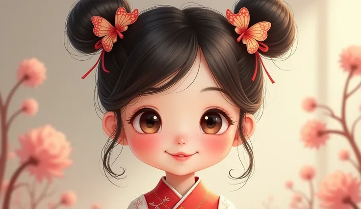 Double dumpling head, Smile, blushing, Smile, simple background, butterfly hair accessories, 1 girl, High resolution, masterpiece, Dark Eyes，China，cheongsam