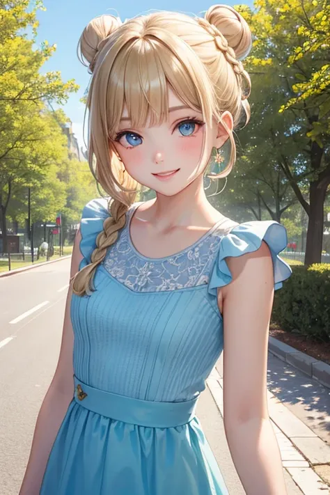 girl　smile　Upper Body　Beautiful eyes　Blonde(Loose braids with a bun-like top)　Poplar Avenue　Light blue line dress　Looking at camera Natural light　