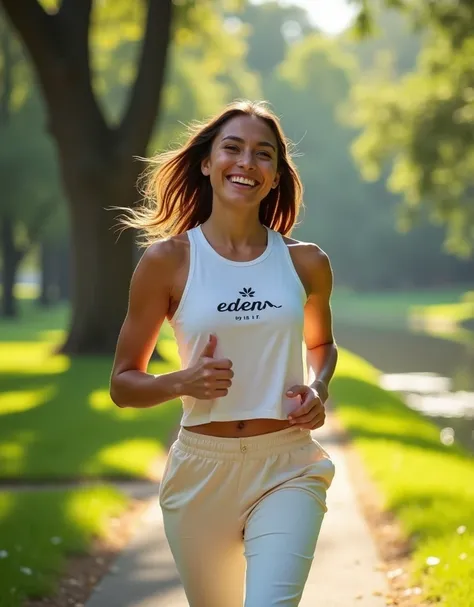 a cute young dark blonde woman wearing an active wear sleeveless tee with a logo "Eden by b.f." and jogger pants set in stretch knit fabric in ivory color and running in a park.