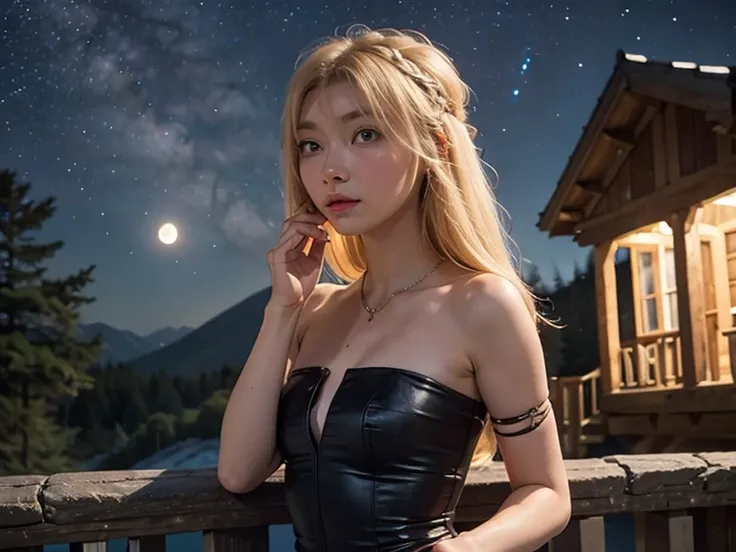 Astrid, slender body, small bust, strapless blouse, starry sky cabin, full moon, looking at the sky,