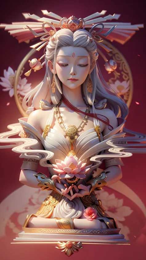 White Sculpture　Kannon Bodhisattva　woman，Flowing，beautiful，ancient hairstyle，Flowers in hair　luxurious crown　Lots of necklaces　Gorgeous dress　Eyes closed　Holding a red crystal ball in both hands　Sitting cross-legged　The background is surrounded by lotus fl...