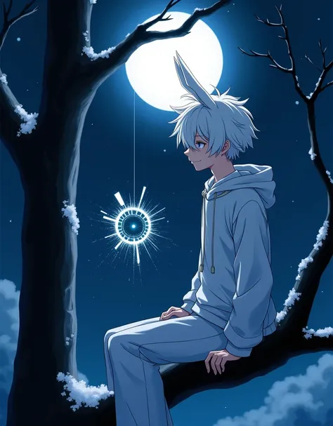 sharp lines, Blue, black and white are the main colors., male anime 2D, 2, snow white, White hair, có tai thỏ trắng, short hair with long bangs covering one closed eye, night sky with full moon above and boy sitting on winter tree on side looking up, white...