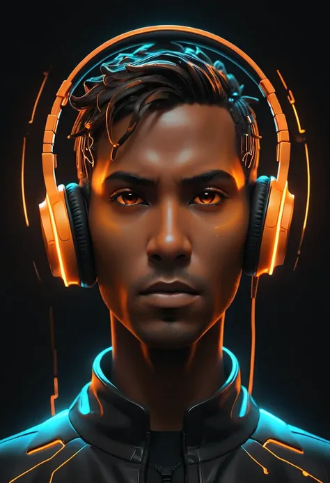 shawt in a futuristic audio visualization, glowing orange headphones, abstract human silhouette, dark background, neon sound wav...