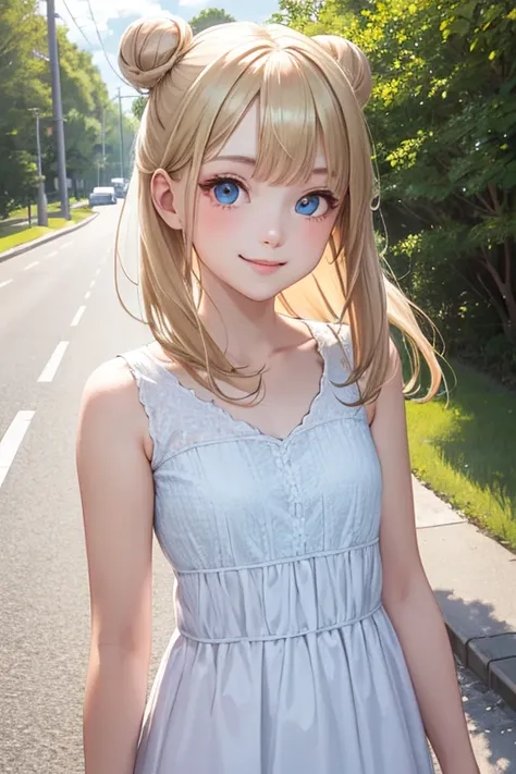 girl　smile　Upper Body　Beautiful eyes　Blonde(Loose bun with loose hair)　Poplar Avenue　Light blue line dress　Looking at camera Natural light　