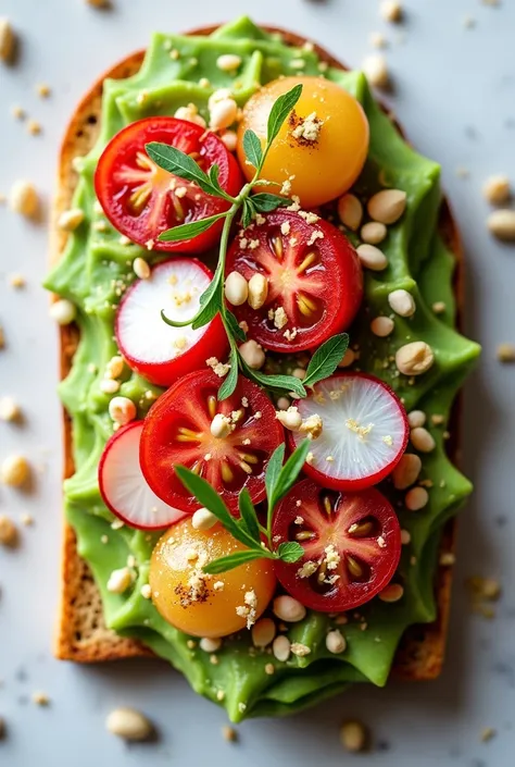 Colour contrast and visual appeal
Play with colours: Choose toppings that contrast with the green avocado. For example:
Radishes or cherry tomatoes: Thinly slice radishes or cut them in half.  Toppings for crunch: Add a crunchy element such as toasted seed...