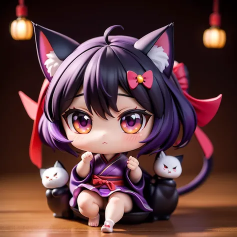 full body display、Japanese Yokai、Cat、Half cat, half human、Cat ears on head、Age 19、Short black hair、Purple Hair、Cute face、Big eyes、Oblique eye、She is wearing a red dress.、Wearing a red ribbon、Live-action