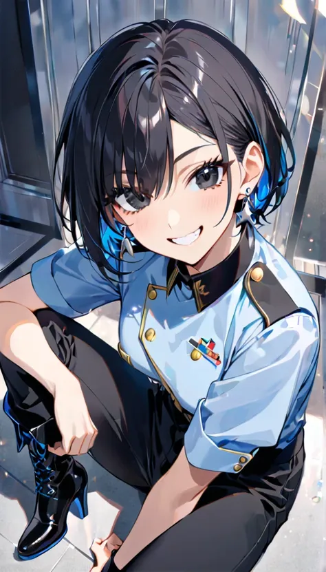 Woman sitting on the floor,Leg spread,Grin,Black Hair,Hair has a light blue inner color,Short Hair,Silver earrings,Black Eyes,Lifted eye corners,uniform,Pants Style,Long boots,Low heels,Angle from the front