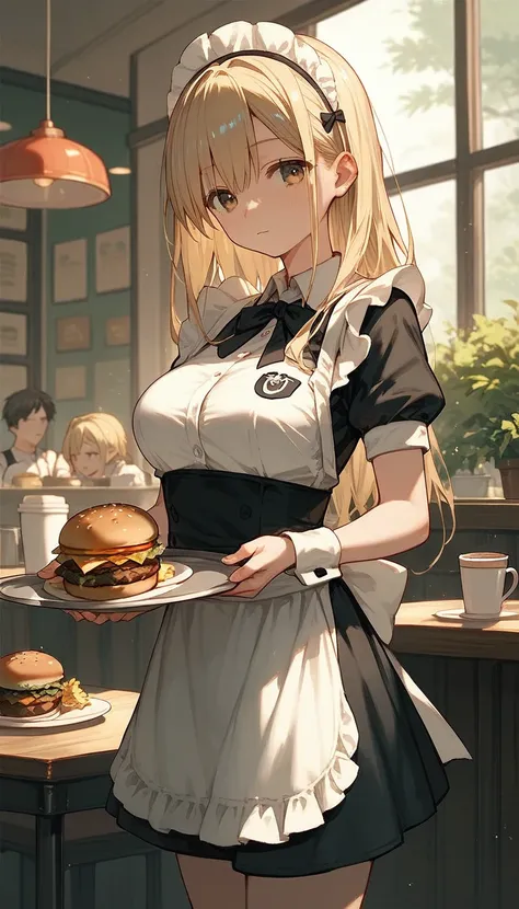 sailor girl holding a tray with a hamburger and a cup of coffee, ( waitress ) girl, seductive anime girl, blonde anime girl with long hair, anime girl in a maid costume, ( ( misa amane # ) ), marisa kirisame, beautiful alluring anime teen,  in dress, maid ...