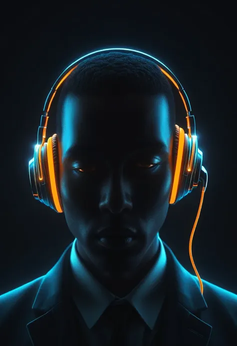 shawt in a Futuristic audio visualization, glowing orange headphones, abstract human silhouette, dark background, neon sound waves, digital art, cyberpunk aesthetic, 3D render, high contrast, symmetrical composition, sleek design, immersive audio experienc...