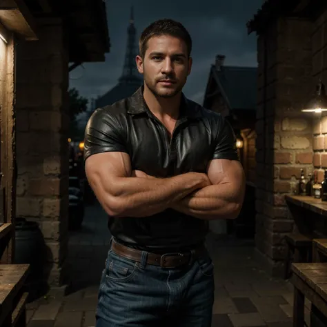 1man, chris redfield, a full body shot of a charismatic male fitness model, 30 years old，small beard, sexy and charming expressi...