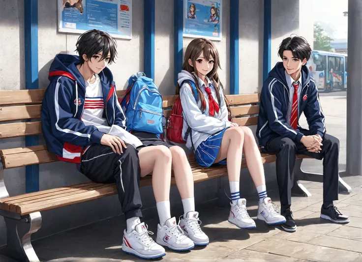 1man,1girl,a men and a women are sitting on a wooden bench in a station waiting room.. the girl is highschool student,beautiful ...