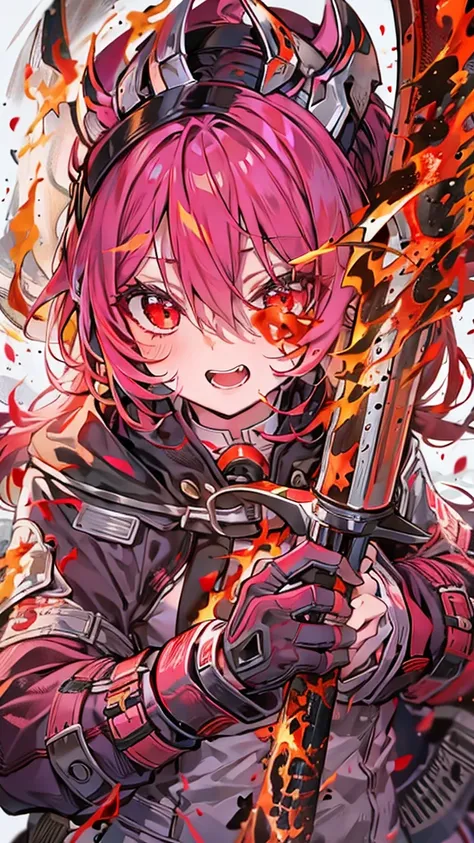 Flaming Two-Handed Axe,Best Quality, Textured skin, Red Hair, Flame-shaped headband,Low ponytail, Red eyes, Double teeth, Special Attack Uniform,Sarashi on the chest,Dripping Sweat,Character portrait, anime, Bad Girl,Belligerent,Shiny Hair, 