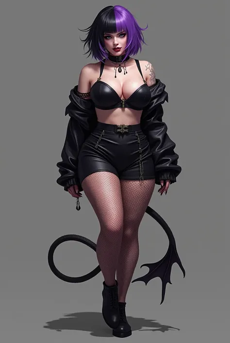 Thicc goth girl with a crop top and fishnets on with a skirt and short half black half purple hair and kinda chubby with a choker and black boots and a tail