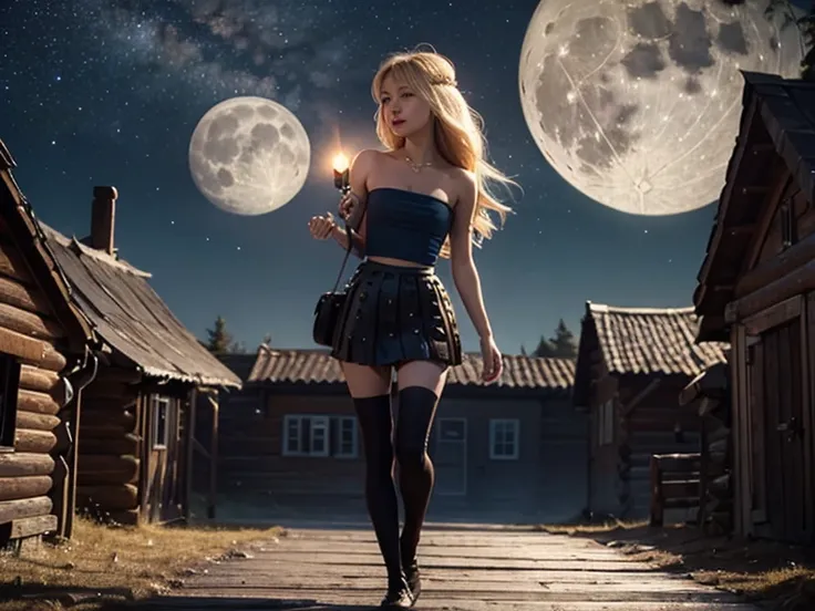 Astrid, perfect face, slender body, small bust, strapless blouse, black stockings, mini skirt, full body, starry sky cabin, full moon, looking at the sky,