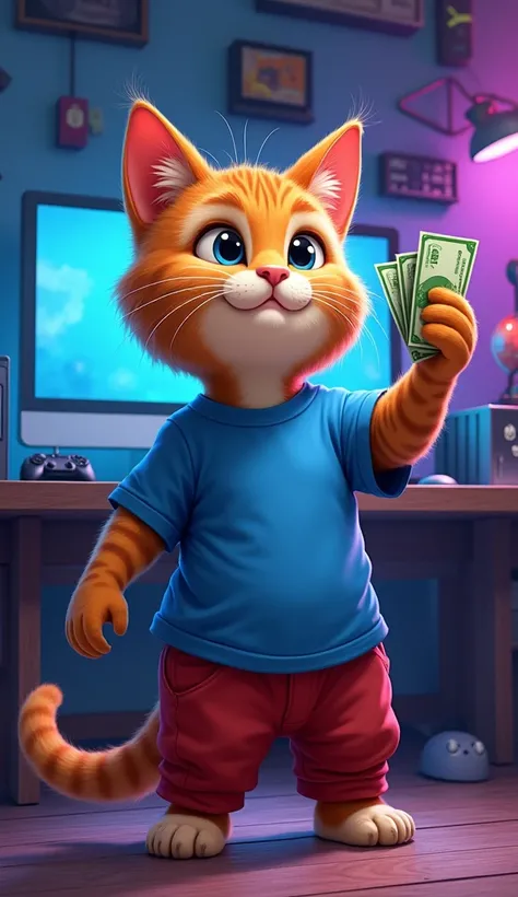 A brown cat wearing blue t-shirt and red pant is handing some money in gaming room 