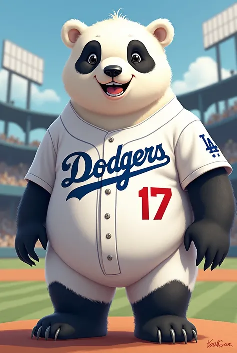 The polar bear with a panda pattern is the Dodgers&#39; uniform number１７wearing uniform and smiling