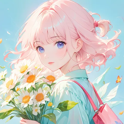 flat illustration，Minimalism，Geometry，abstract Memphis，anime portrait，close shot，holding a bouquet of flowers in hand，focus on face， wearing light green shirt，Short pink skirt，Holding flowers in hand，Light pink canvas bag on shoulder，Long platinum blonde h...